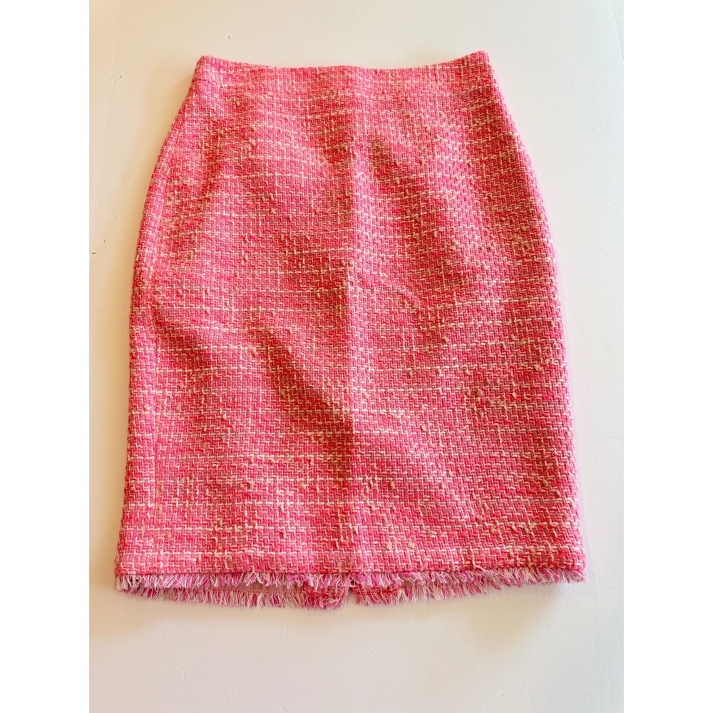 J.Crew Pink Tweed Fringe Hem Pencil Skirt Size 0 High Waisted Textured Lined